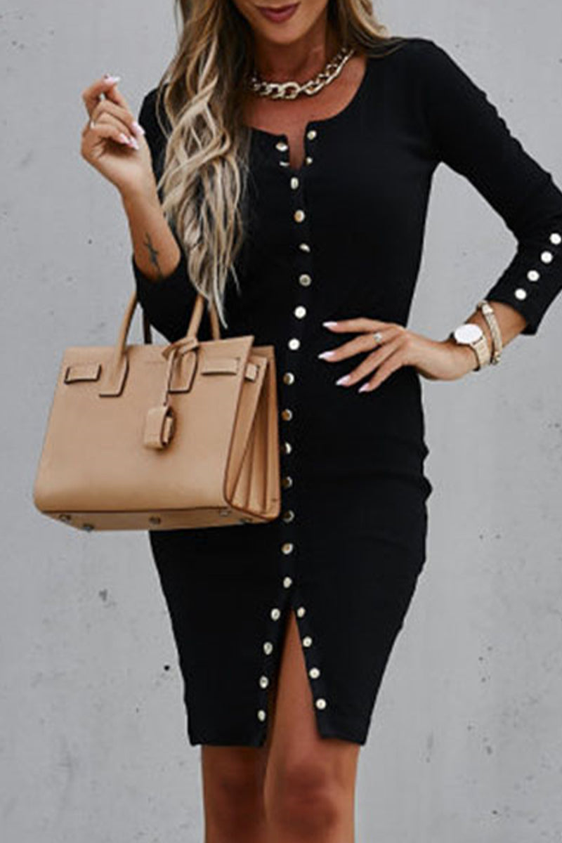 Elegante vestido de falda tubo con escote en V y hebilla sólida