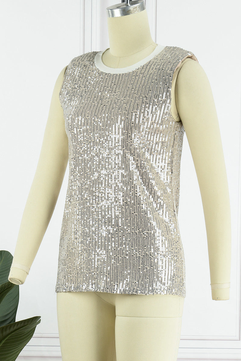Tops sin mangas con cuello redondo y lentejuelas sólidas