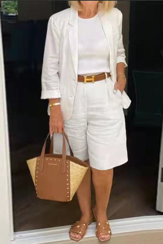 Conjunto informal sencillo de dos piezas con cuello vuelto, manga de nueve puntos y color liso (4 colores)
