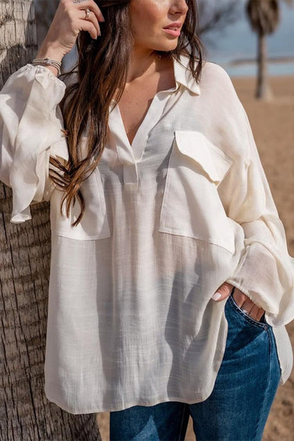 Blusas casuales de cuello vuelto con bolsillos sólidos