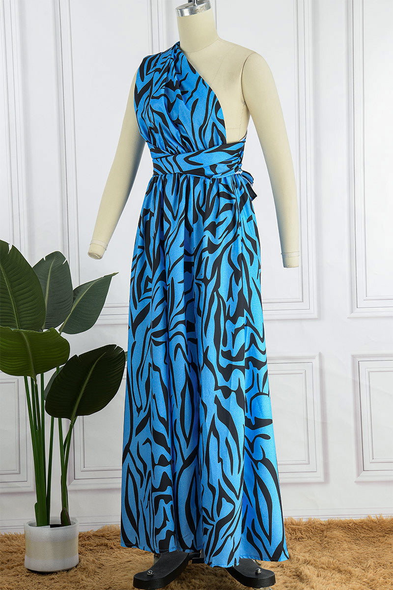 Vestido largo sexy informal con estampado de patchwork, espalda descubierta, abertura y cuello oblicuo