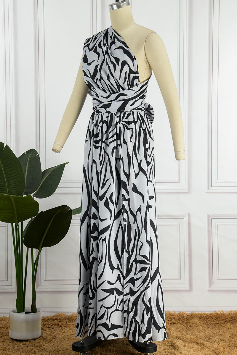 Vestido largo sexy informal con estampado de patchwork, espalda descubierta, abertura y cuello oblicuo