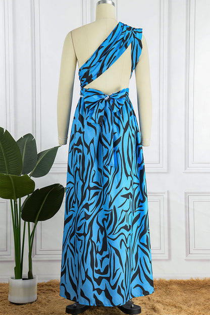 Vestido largo sexy informal con estampado de patchwork, espalda descubierta, abertura y cuello oblicuo