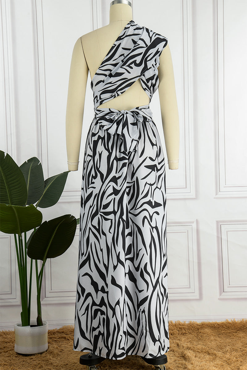 Vestido largo sexy informal con estampado de patchwork, espalda descubierta, abertura y cuello oblicuo