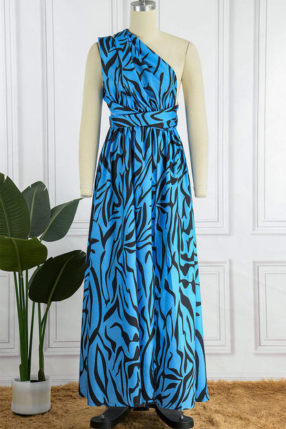 Vestido largo sexy informal con estampado de patchwork, espalda descubierta, abertura y cuello oblicuo