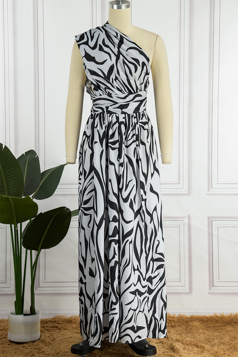 Vestido largo sexy informal con estampado de patchwork, espalda descubierta, abertura y cuello oblicuo