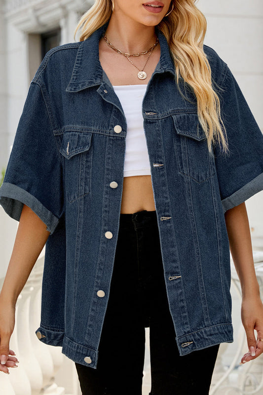 Chaqueta vaquera holgada de media manga con cuello vuelto y bolsillos lisos de estilo urbano
