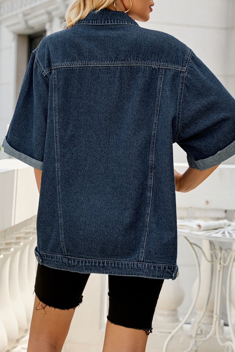 Chaqueta vaquera holgada de media manga con cuello vuelto y bolsillos lisos de estilo urbano