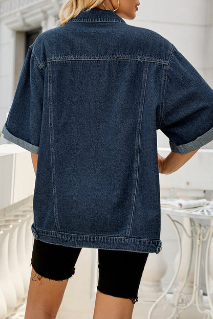 Chaqueta vaquera holgada de media manga con cuello vuelto y bolsillos lisos de estilo urbano