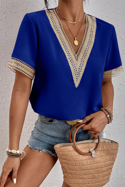 Tops casuales sencillos con cuello en V y parches lisos (8 colores)