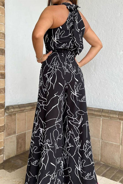 Mono holgado con cuello halter, estampado de patchwork y frenillo, informal y sencillo (9 colores)