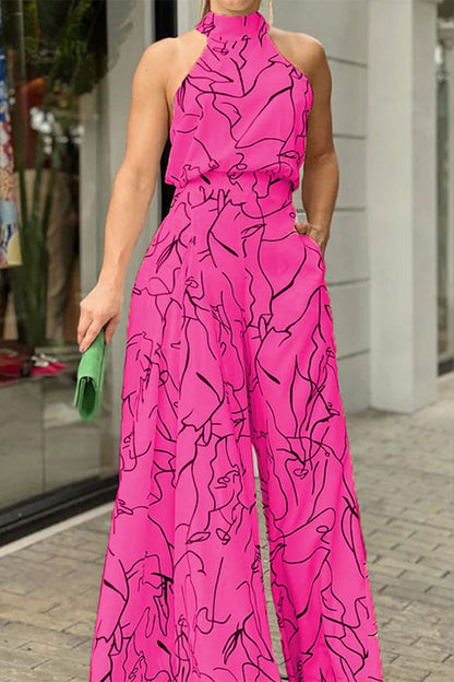 Mono holgado con cuello halter, estampado de patchwork y frenillo, informal y sencillo (9 colores)