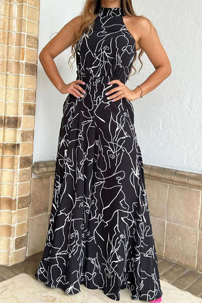 Mono holgado con cuello halter, estampado de patchwork y frenillo, informal y sencillo (9 colores)