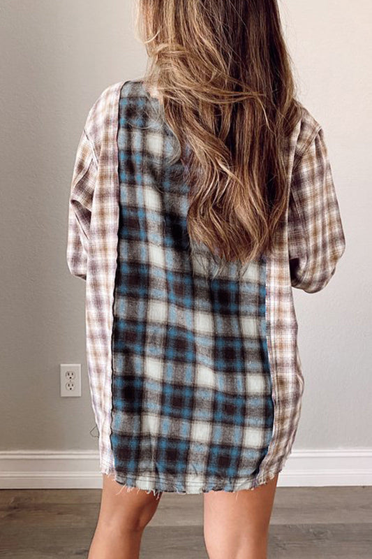 Blusas casuales de cuello vuelto con patchwork a cuadros