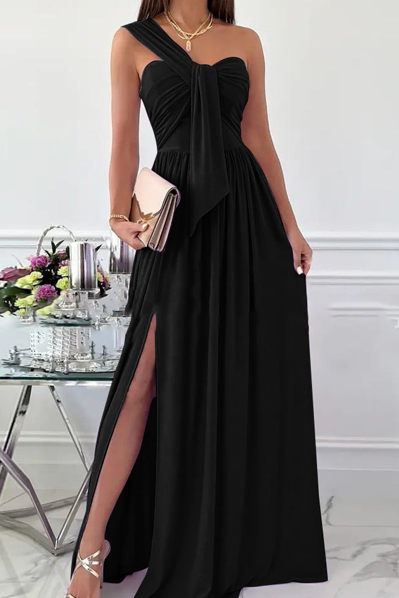 Vestido elegante formal asimétrico de un solo hombro, irregular, de color sólido (7 colores)