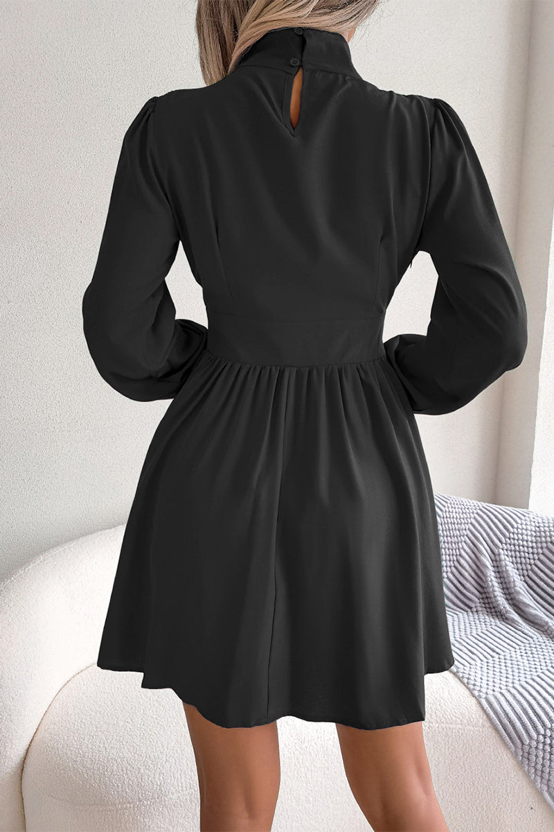 Elegante y sencillo vestido de corte A con cuello alto, color liso y liso (3 colores)
