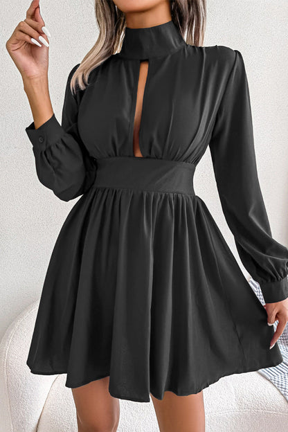 Elegante y sencillo vestido de corte A con cuello alto, color liso y liso (3 colores)