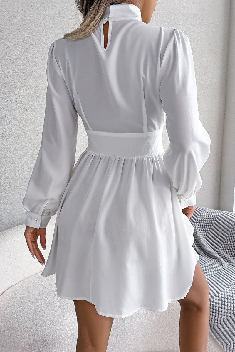 Elegante y sencillo vestido de corte A con cuello alto, color liso y liso (3 colores)