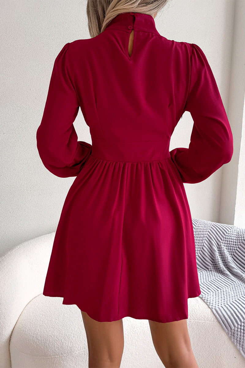 Elegante y sencillo vestido de corte A con cuello alto, color liso y liso (3 colores)
