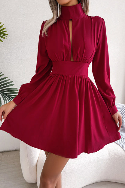 Elegante y sencillo vestido de corte A con cuello alto, color liso y liso (3 colores)