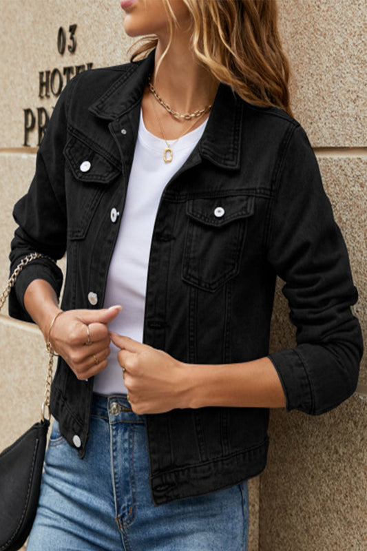Chaqueta vaquera de manga larga con cuello vuelto, bolsillos lisos y elegante de calle (7 colores)