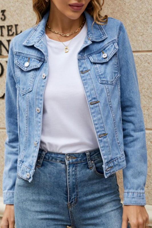 Chaqueta vaquera de manga larga con cuello vuelto, bolsillos lisos y elegante de calle (7 colores)