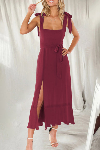 Vestidos elegantes y sencillos de corte A con aberturas en colores lisos y cuello cuadrado (10 colores)