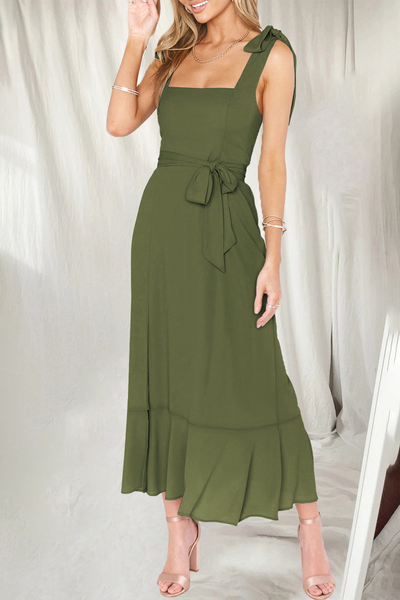 Vestidos elegantes y sencillos de corte A con aberturas en colores lisos y cuello cuadrado (10 colores)