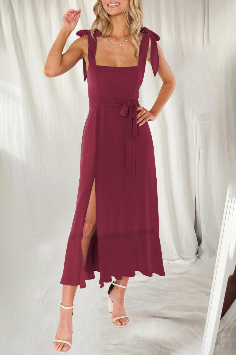 Vestidos elegantes y sencillos de corte A con aberturas en colores lisos y cuello cuadrado (10 colores)