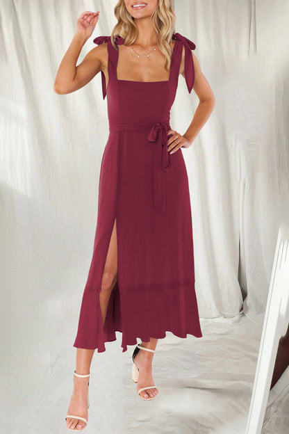 Vestidos elegantes y sencillos de corte A con aberturas en colores lisos y cuello cuadrado (10 colores)