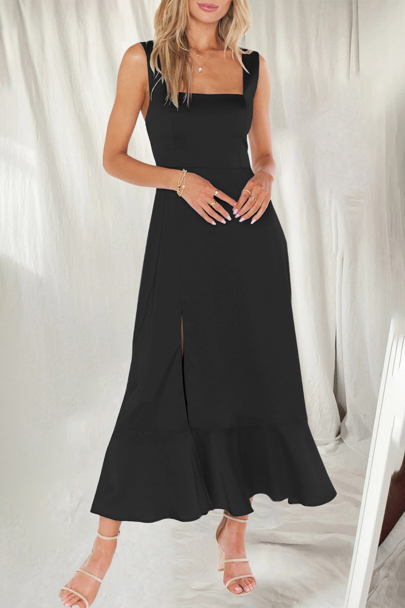 Vestidos elegantes y sencillos de corte A con aberturas en colores lisos y cuello cuadrado (10 colores)