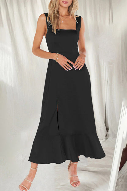 Vestidos elegantes y sencillos de corte A con aberturas en colores lisos y cuello cuadrado (10 colores)