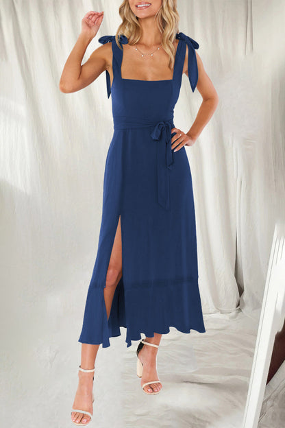 Vestidos elegantes y sencillos de corte A con aberturas en colores lisos y cuello cuadrado (10 colores)