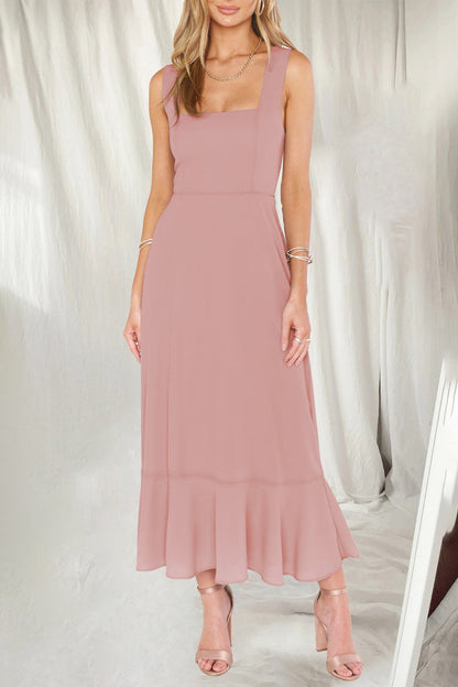 Vestidos elegantes y sencillos de corte A con aberturas en colores lisos y cuello cuadrado (10 colores)