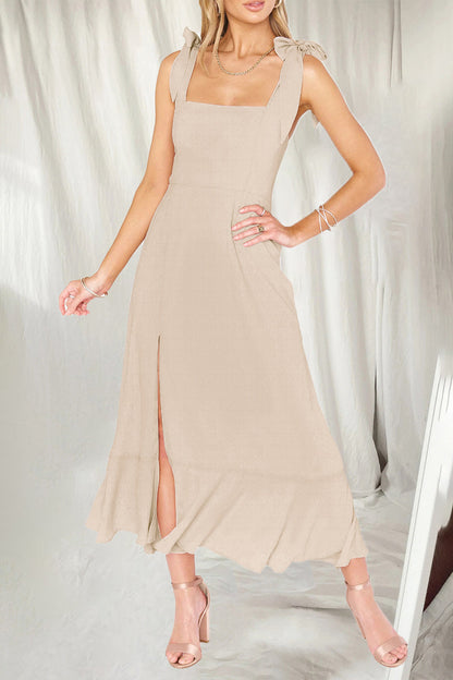 Vestidos elegantes y sencillos de corte A con aberturas en colores lisos y cuello cuadrado (10 colores)