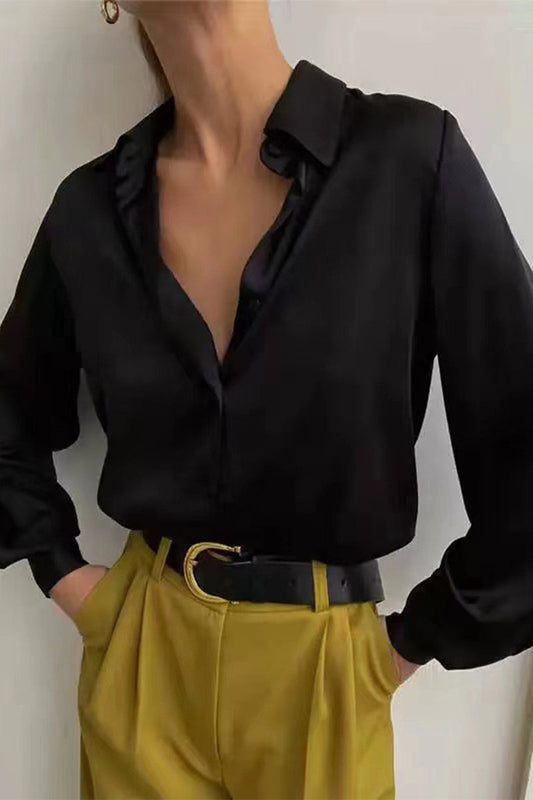 Blusas elegantes de celebridades con cuello vuelto, color liso y hebilla antigua (4 colores)