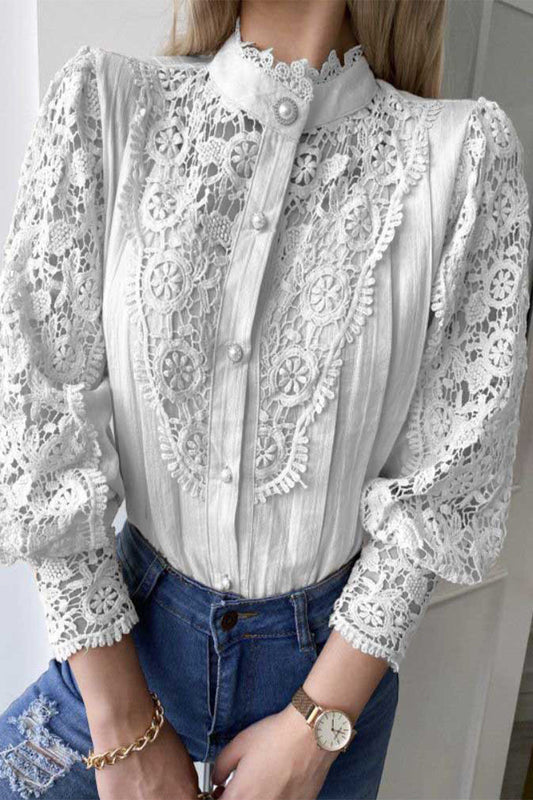 Elegantes blusas de cuello mandarín con encaje liso (3 colores)