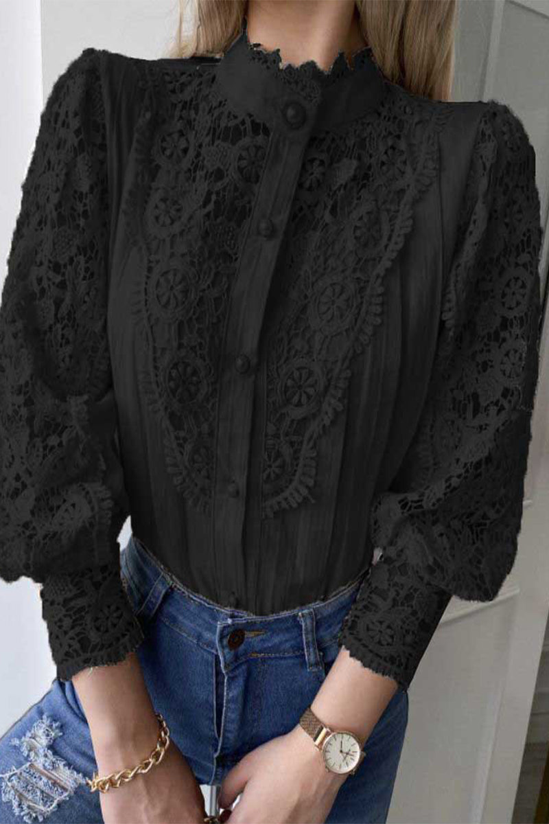 Elegantes blusas de cuello mandarín con encaje liso (3 colores)