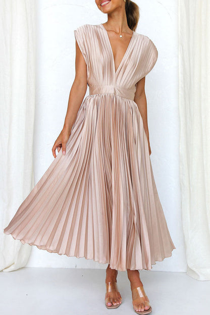Vestidos plisados con escote en V, sexys y sencillos, con frenillo liso y cremallera