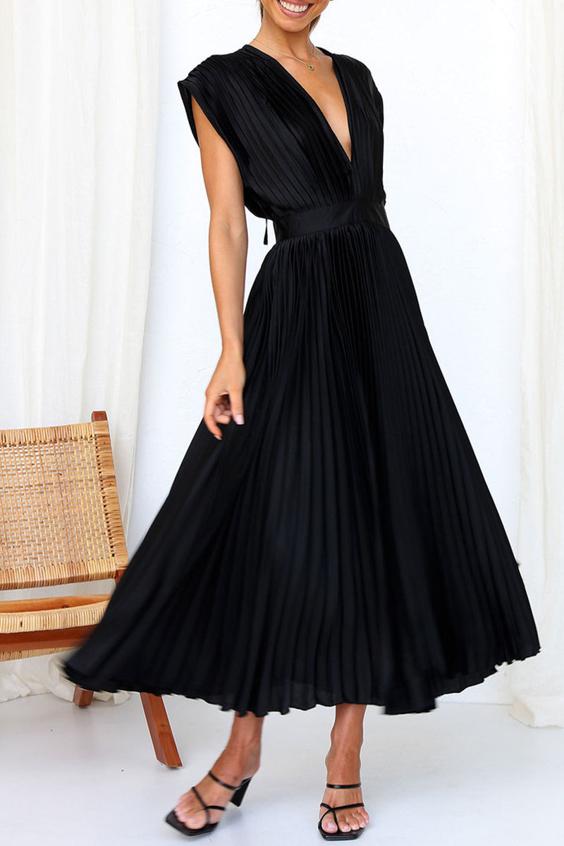 Vestidos plisados con escote en V, sexys y sencillos, con frenillo liso y cremallera