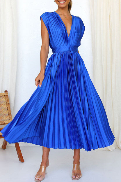 Vestidos plisados con escote en V, sexys y sencillos, con frenillo liso y cremallera