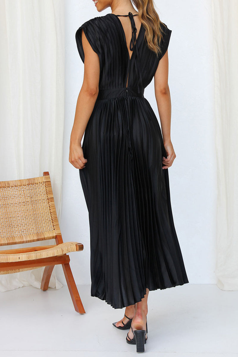 Vestidos plisados con escote en V, sexys y sencillos, con frenillo liso y cremallera