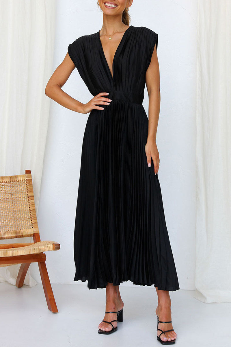 Vestidos plisados con escote en V, sexys y sencillos, con frenillo liso y cremallera