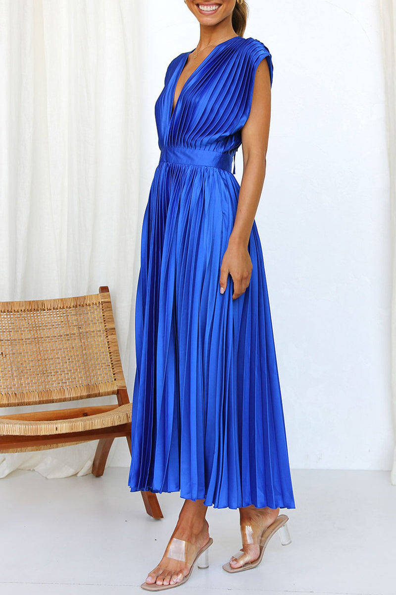 Vestidos plisados con escote en V, sexys y sencillos, con frenillo liso y cremallera