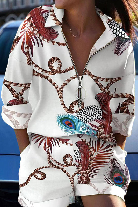 Conjunto de dos piezas con cuello vuelto, manga larga y estampado informal de patchwork y cremallera