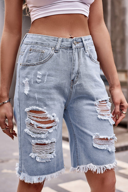 Shorts vaqueros casuales de cintura media con rotos y diseño urbano