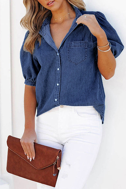 Blusas casuales de cuello vuelto con bolsillos y parches sólidos