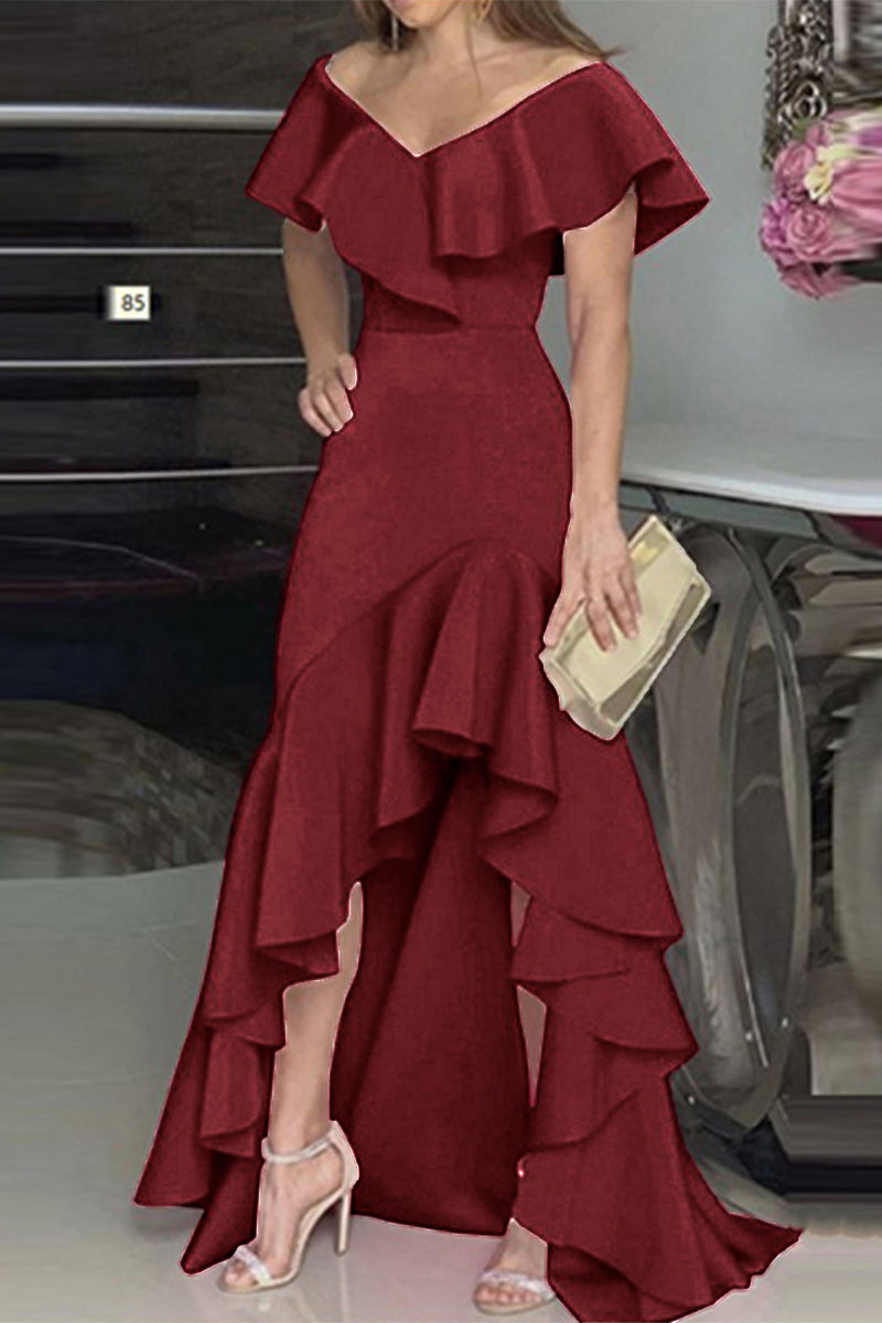Elegante vestido irregular con escote en V y volantes lisos (5 colores)