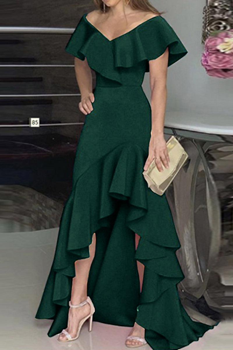 Elegante vestido irregular con escote en V y volantes lisos (5 colores)