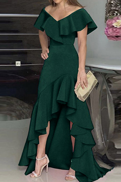 Elegante vestido irregular con escote en V y volantes lisos (5 colores)